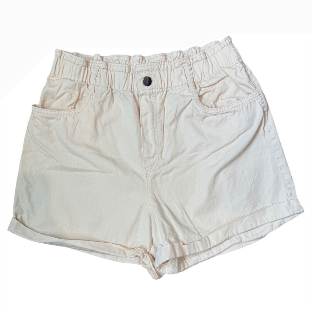 H‎ M High Waisted Paperbag Shorts Cream Cotton Blend Women Size M